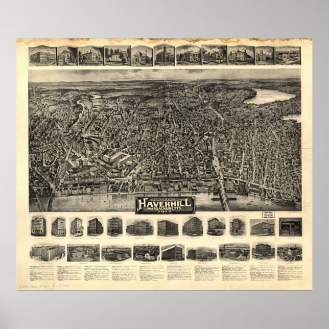 Póster Massa Haverhill. Mapa Panorâmico Antiquado de 1914 (Frente)