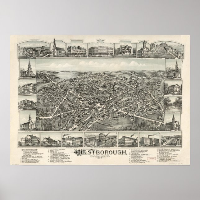 Póster Massa Westborough. Mapa Panorâmico Antiquado de 18 (Frente)