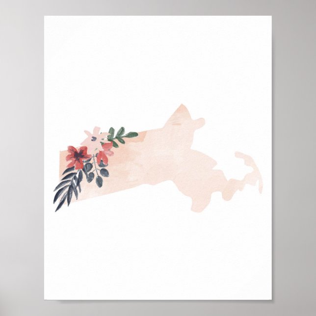 Poster Massachusetts Floral Watercolor State (Frente)