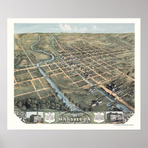 Póster Massillon, mapa panorâmico do OH - 1870