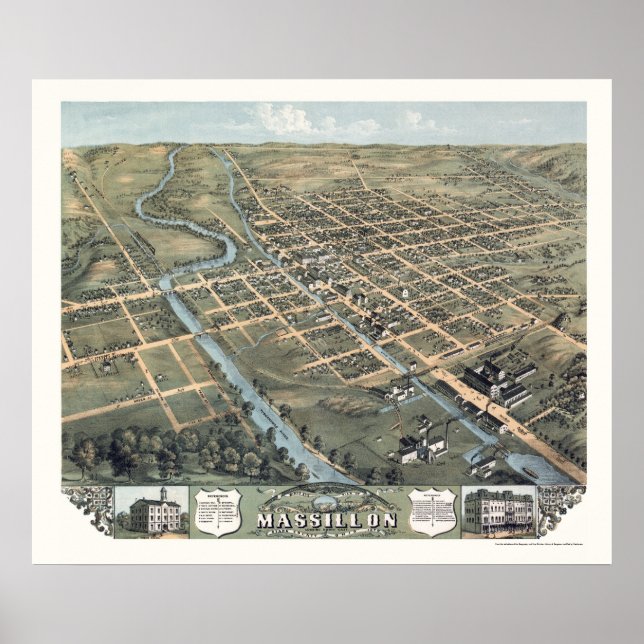 Póster Massillon, Mapa Panorâmico OH - 1870 (Frente)