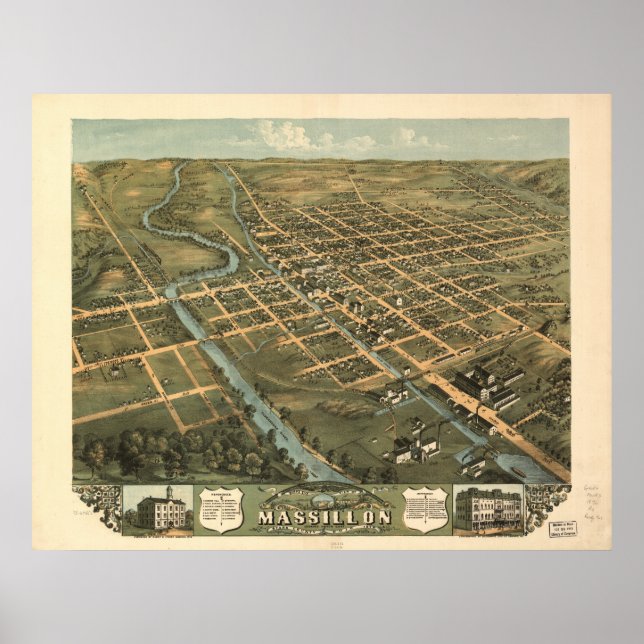 Póster Massillon Ohio 1870 - Mapa Panorâmico Antiquado (Frente)