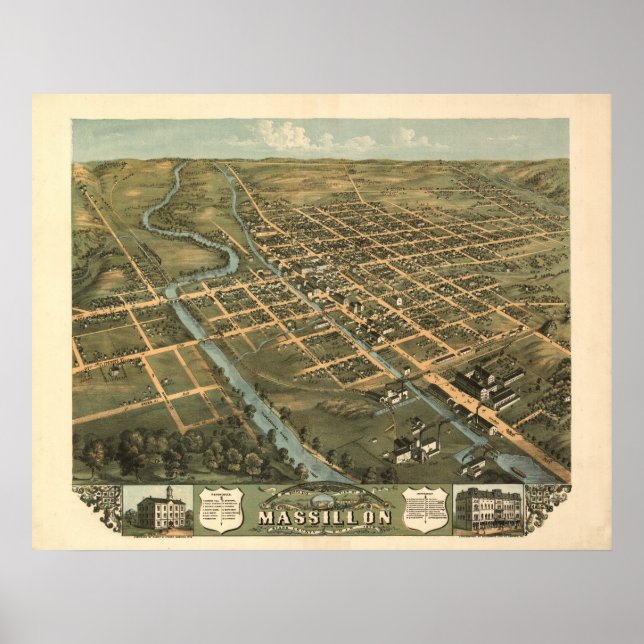 Poster Massillon Ohio 1899 Mapa Panorâmico Antiquado (Frente)
