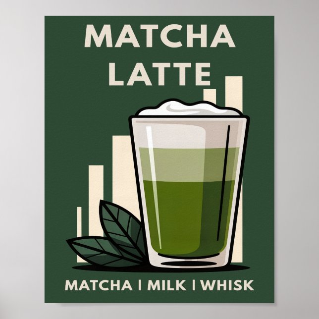 Poster Matcha Latte Retro Verde Escuro Gráfico de Café (Frente)