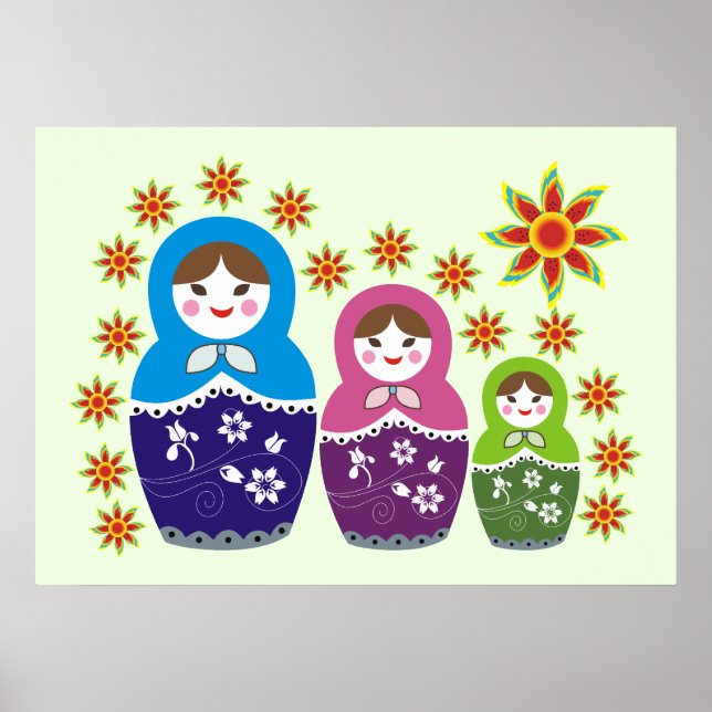 Poster Matryoshka Bonecas russas e girassóis verde-claro (Frente)