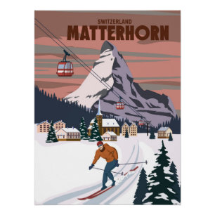 Póster Matterhorn Ski resort poster, retro. Alpes Winter