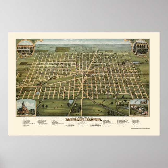 Póster Mattoon, Mapa Panorâmico do IL - 1884 (Frente)