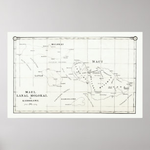 Póster Maui, Lanai, mapa 1890 do vintage de Molokai,