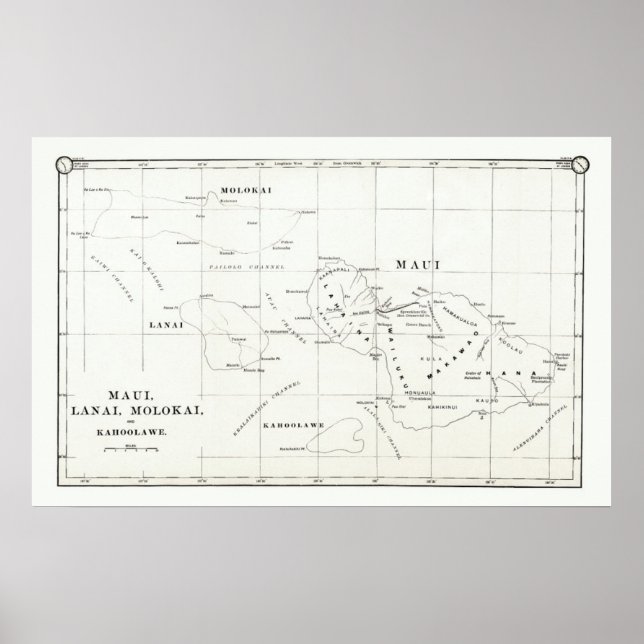 Póster Maui, Lanai, Molokai, Kahoolawe Vintage Map 1890 (Frente)