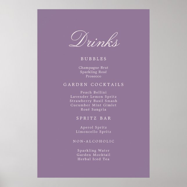 Poster Mauve Calligraphy Wedding Drinks Menu Sign (Frente)