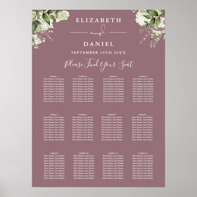 Poster Mauve Floral Greenery - Gráfico de Casamento (Frente)
