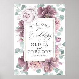 Poster Mauve Flowers Elegante Casamento Verde Bem-Vindo