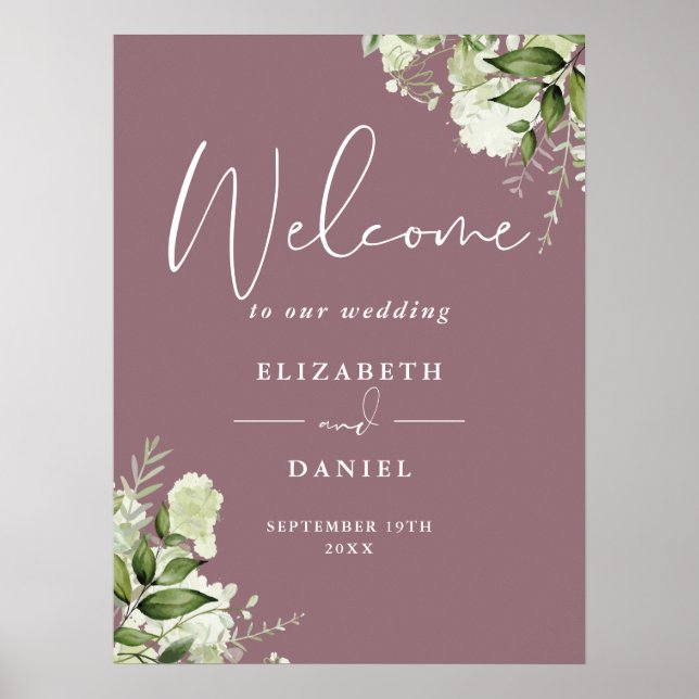 Poster Mauve Greenery Floral Wedding Sinal de Boas-vindas (Frente)