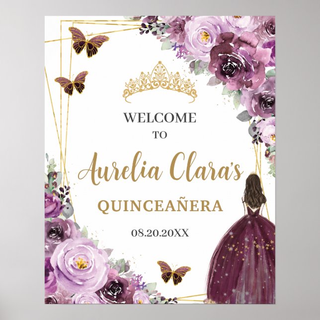 Poster Mauve Plum Purple Floral Princesa Dourada Quinceañ (Frente)