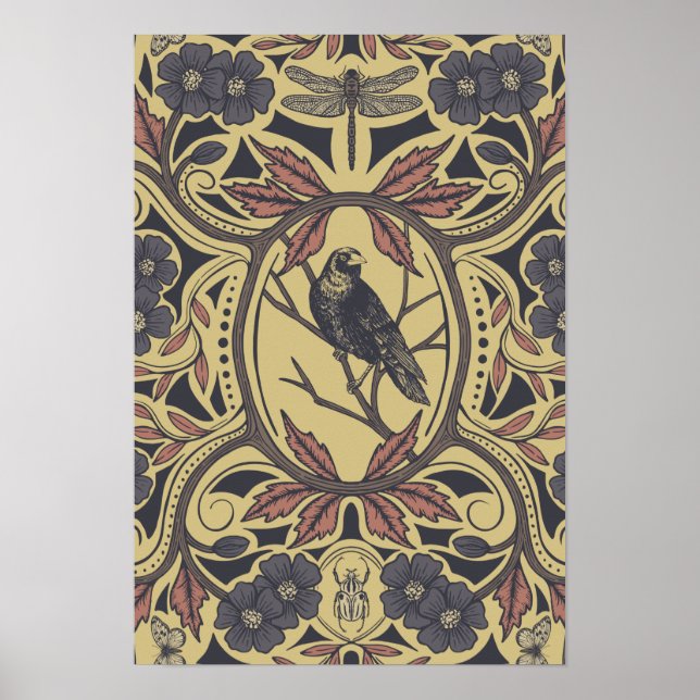 Poster Mauve, Tan & Cinza Crow & Dragonfly Floral (Frente)