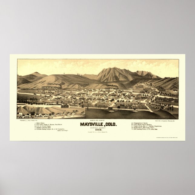 Póster Maysville, Mapa Panorâmico do CO - 1882 (Frente)