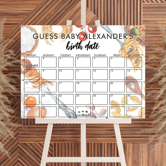 Poster Meatball Pasta Italian Baby Shower Due Date Game (Criador carregado)
