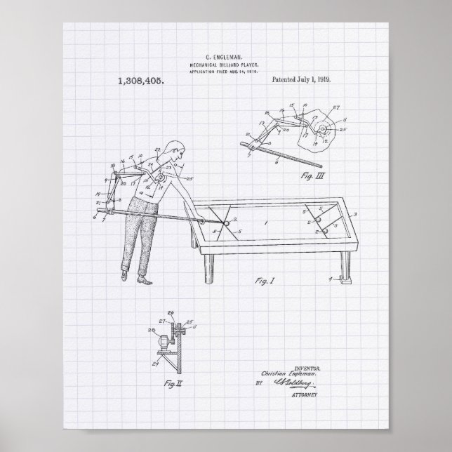 Póster Mechanical Billiard 1919 Patent Art - Lined Peper (Frente)