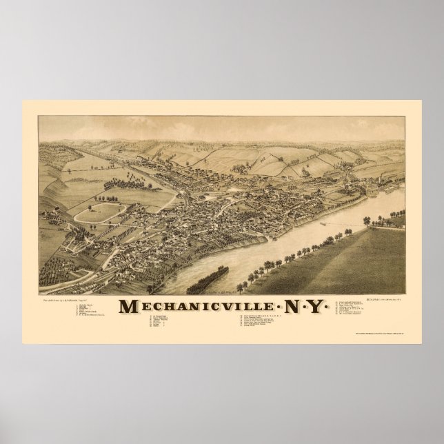 Póster Mechanicville, Mapa Panorâmico NY - 1885 (Frente)