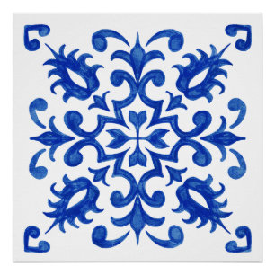 Póster Medaillon central redondo de azulejo azul portuguê