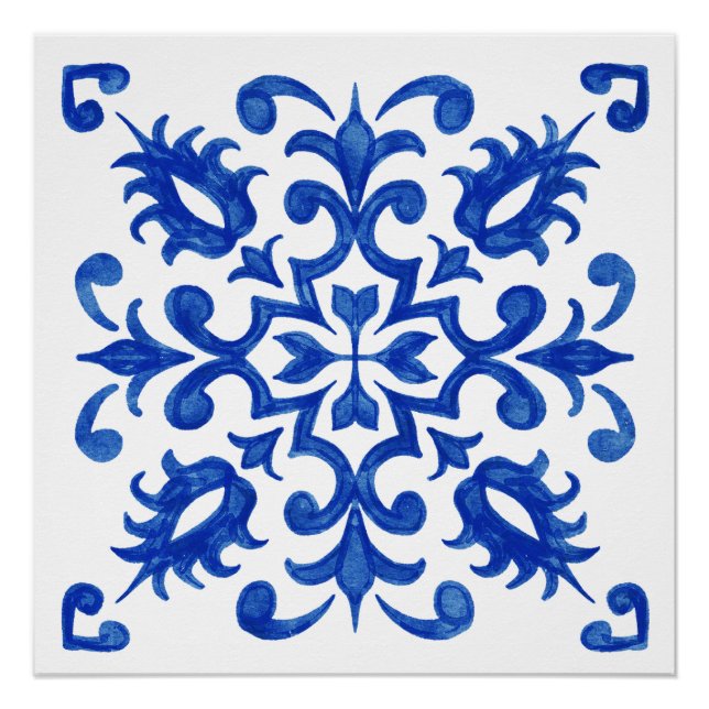 Póster Medaillon central redondo de azulejo azul portuguê (Frente)