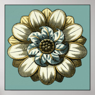 Póster Medalha Floral Ornamentado sobre fundo azul claro