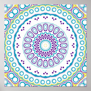 Póster Medalhão caleidoscópico em roxo e azul sobre branc