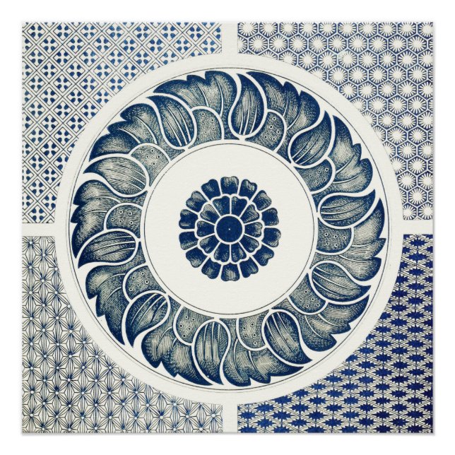 Póster Medalhão Chinês: Chinoiserie Azul Índigo (Frente)