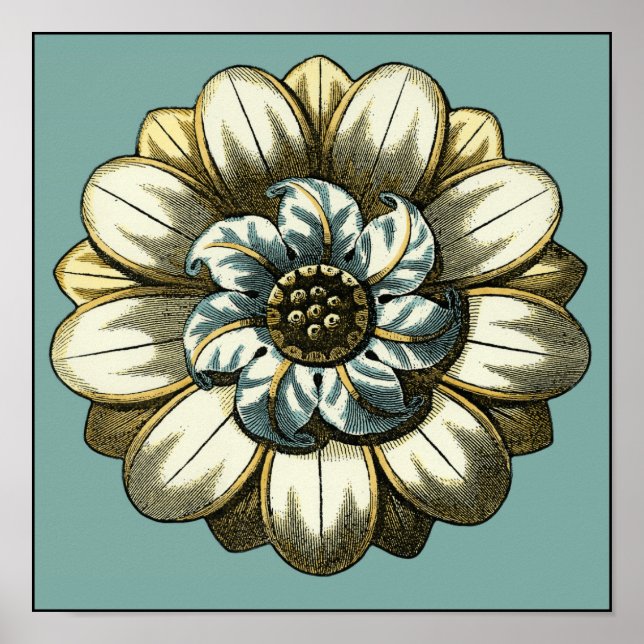 Póster Medalhão Floral ornamentado sobre fundo azul claro (Frente)