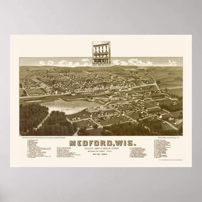 Póster Medford, Mapa Panorâmico do WI - 1885 (Frente)