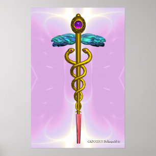Poster Médico Dourado CADUCEUS, Rosa claro de Símbolo Méd