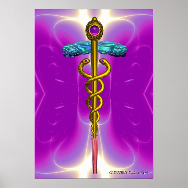 Póster Médico Dourado CADUCEUS, Símbolo Médico Rosa Fuchs (Frente)