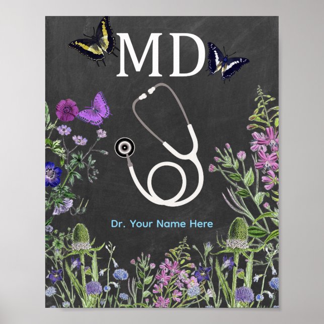 Poster Médico MD Estetoscópio Personalizado Floral (Frente)