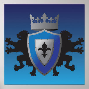 Poster medieval azul da heráldica do leão