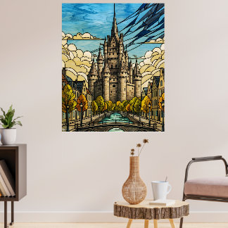 Poster Medieval Castle over Canal Stained Glass Art Illus
