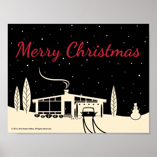 Poster Médio Século Feliz Natal Snowena-Preto (Frente)