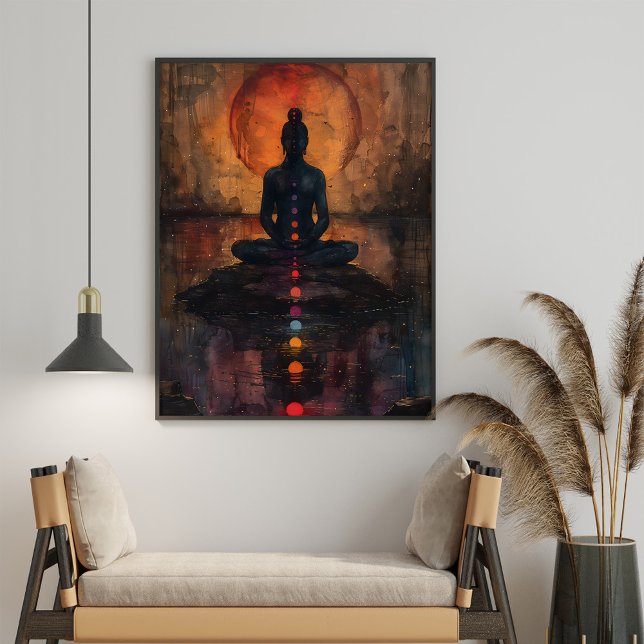 Poster Meditação de Pintura no Mar do Sol (Meditating Woman Sunset Sea Painting Poster on a boho living room.)