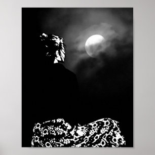 Poster Meditação Lua: Ilustração Preta e Branca