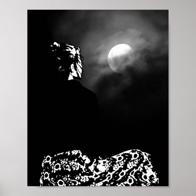 Poster Meditação Lua: Ilustração Preta e Branca (Frente)