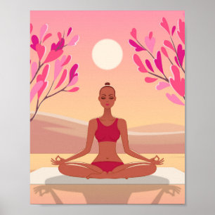 Poster Meditação Yoga - Jovem Mulher - Ouro Rosa Padmasan