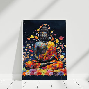 Poster Meditando Buda com Flores Selvagens Coloridas