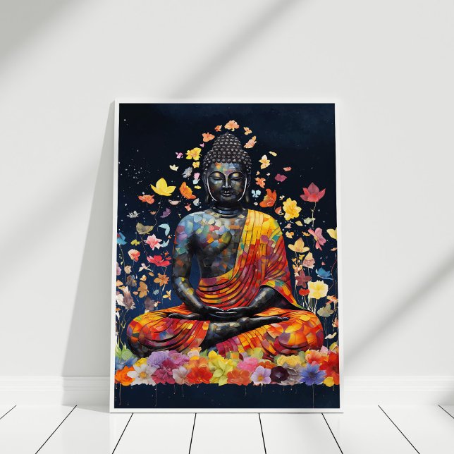 Poster Meditando Buda com Flores Selvagens Coloridas (Meditating Buddha with Colorful Wildflowers Poster in white frame against white wall.)