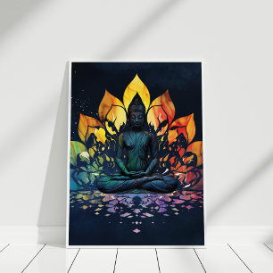Poster Meditando Colorida Arte de Parede Universo Buda