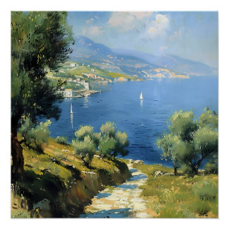 Póster Mediterranean Olive Grove by the Sea 