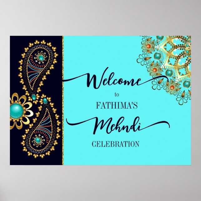 Poster Mehndi azul teal gold jowelry paisley sinal de boa (Frente)