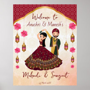 Poster Mehndi sangeet dançando casal indiano lotus árabe