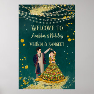 Poster Mehndi sangeet green com casal de dança bem-vindo