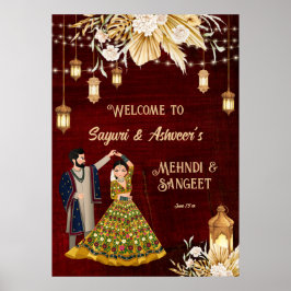 Poster Mehndi Sangeet maroon casal bem-vindo