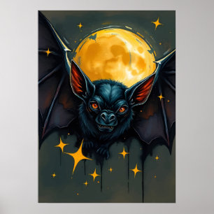 Poster Meia-noite Bat & Full Moon - Arte Animal Noturna