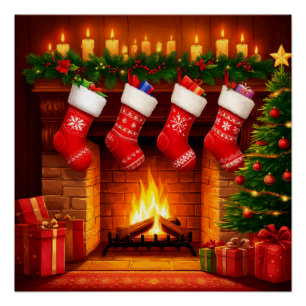 Póster Meias de Natal Penduradas Acima da Lareira Quente